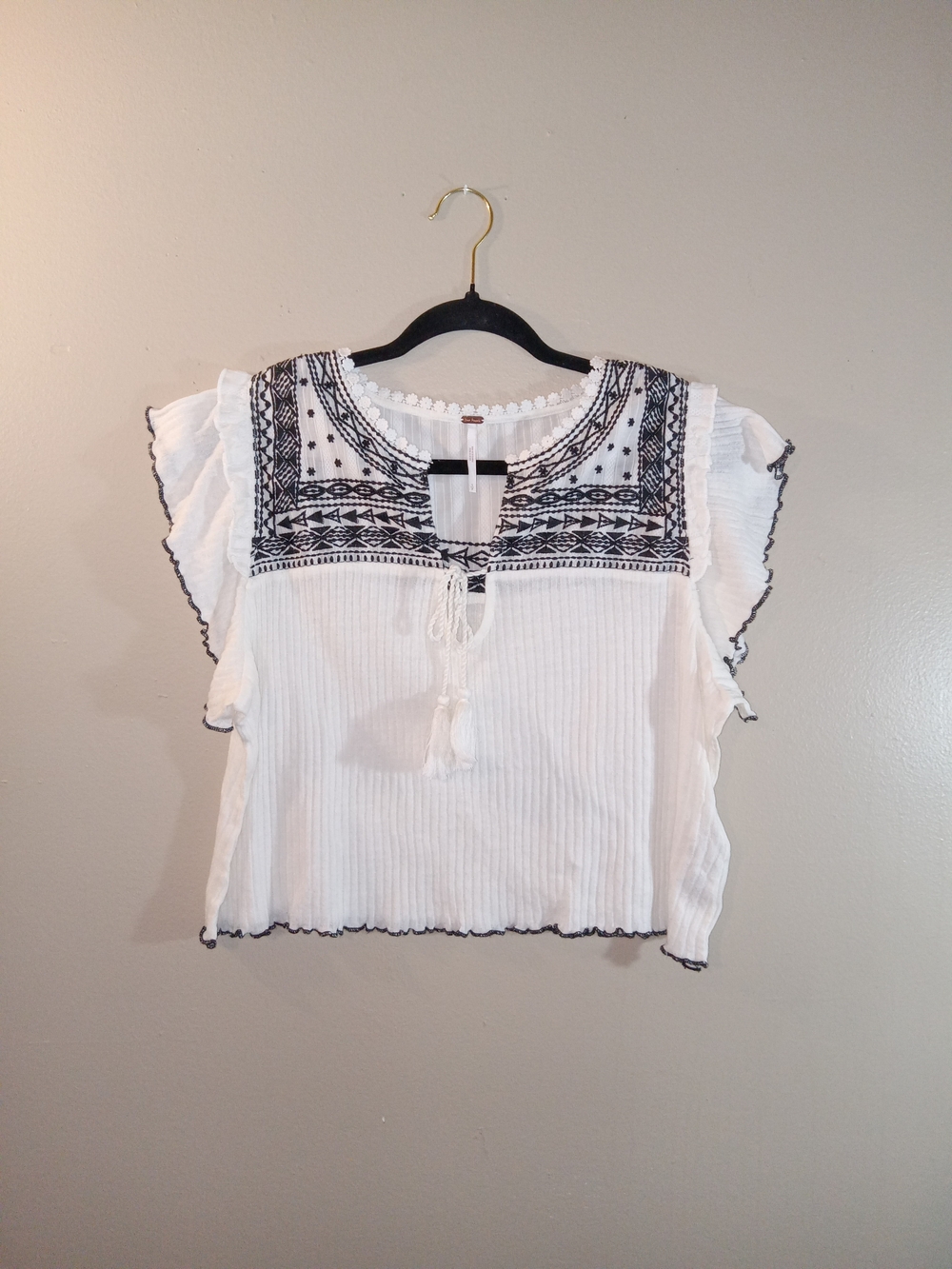 Free People White Peasant Top with Black Embroidery